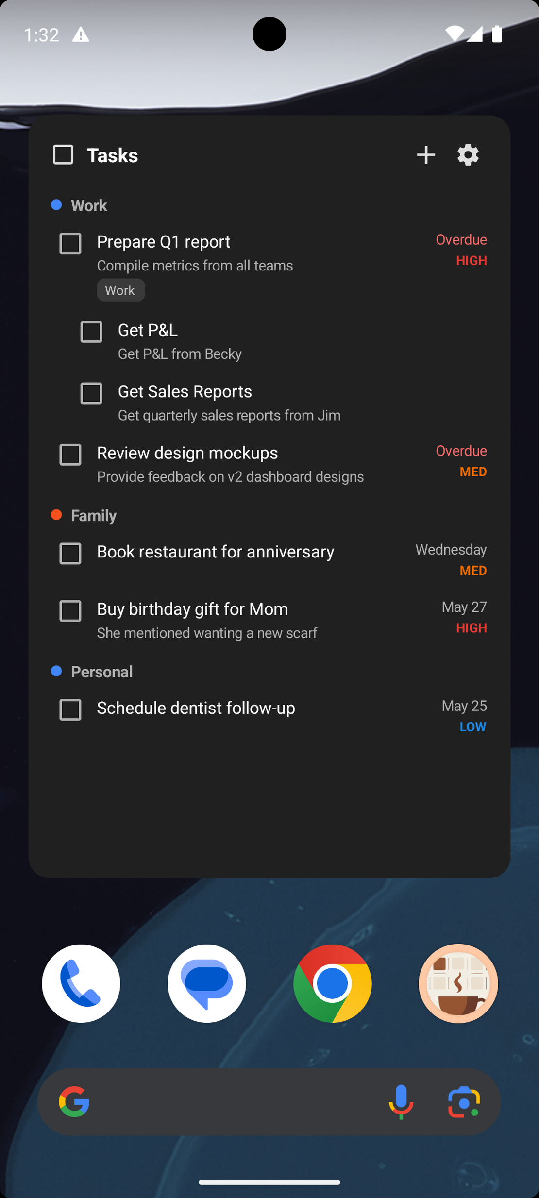 Caffeinated Calendar home-screen Tasks widget on Android showing Work, Family, and Personal task groups with nested subtasks and due dates