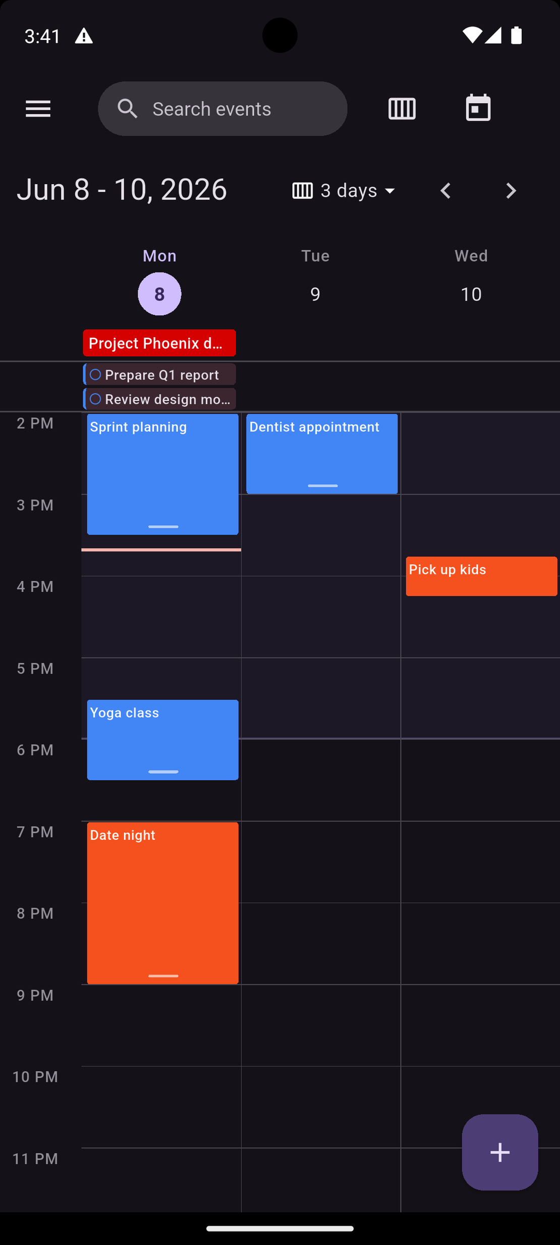 Caffeinated Calendar Days view on Android showing a three-day timeline with events laid out by hour