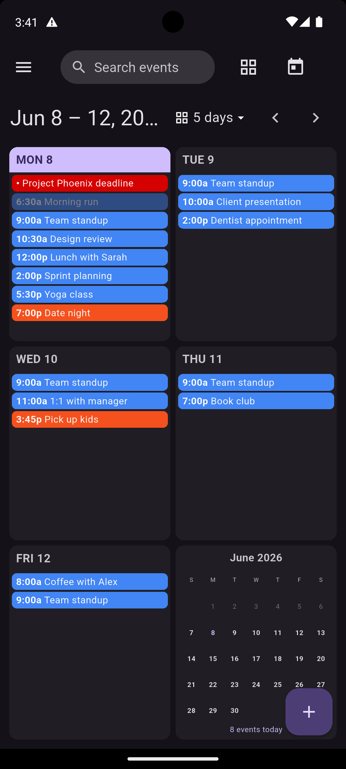 Caffeinated Calendar Grid view on Android showing the week as day cards with each day&rsquo;s events listed and a mini-month calendar