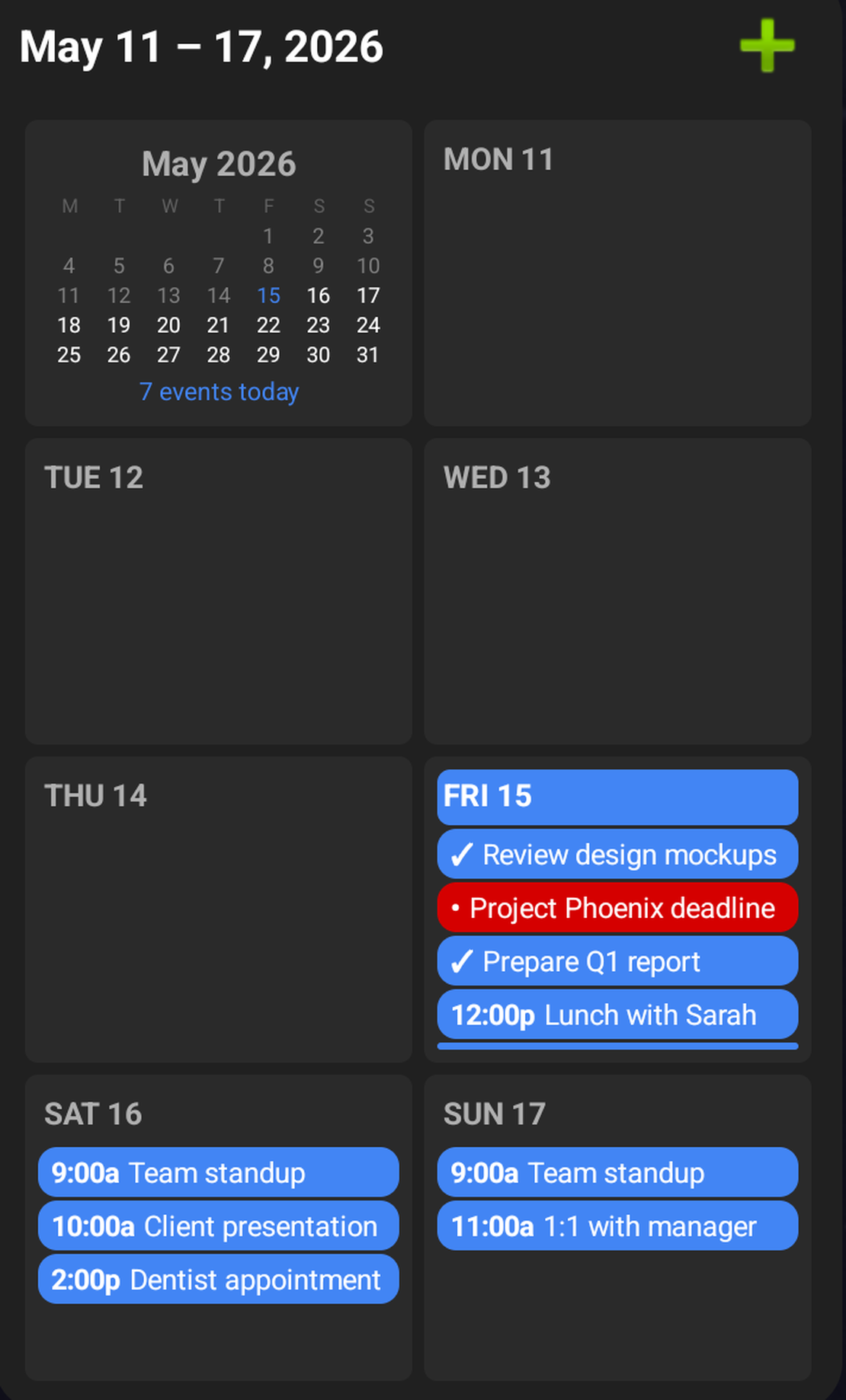 Caffeinated Calendar week grid widget on Android in full-week mode, showing seven days of color-coded events with a mini month calendar